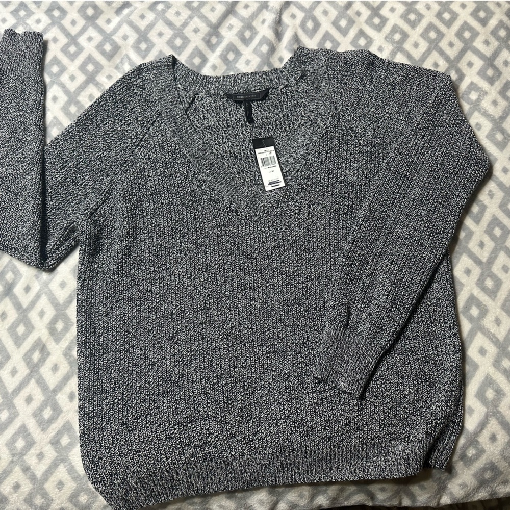 BCBGMaxAzria Women's Black and White V-Neck Sweater